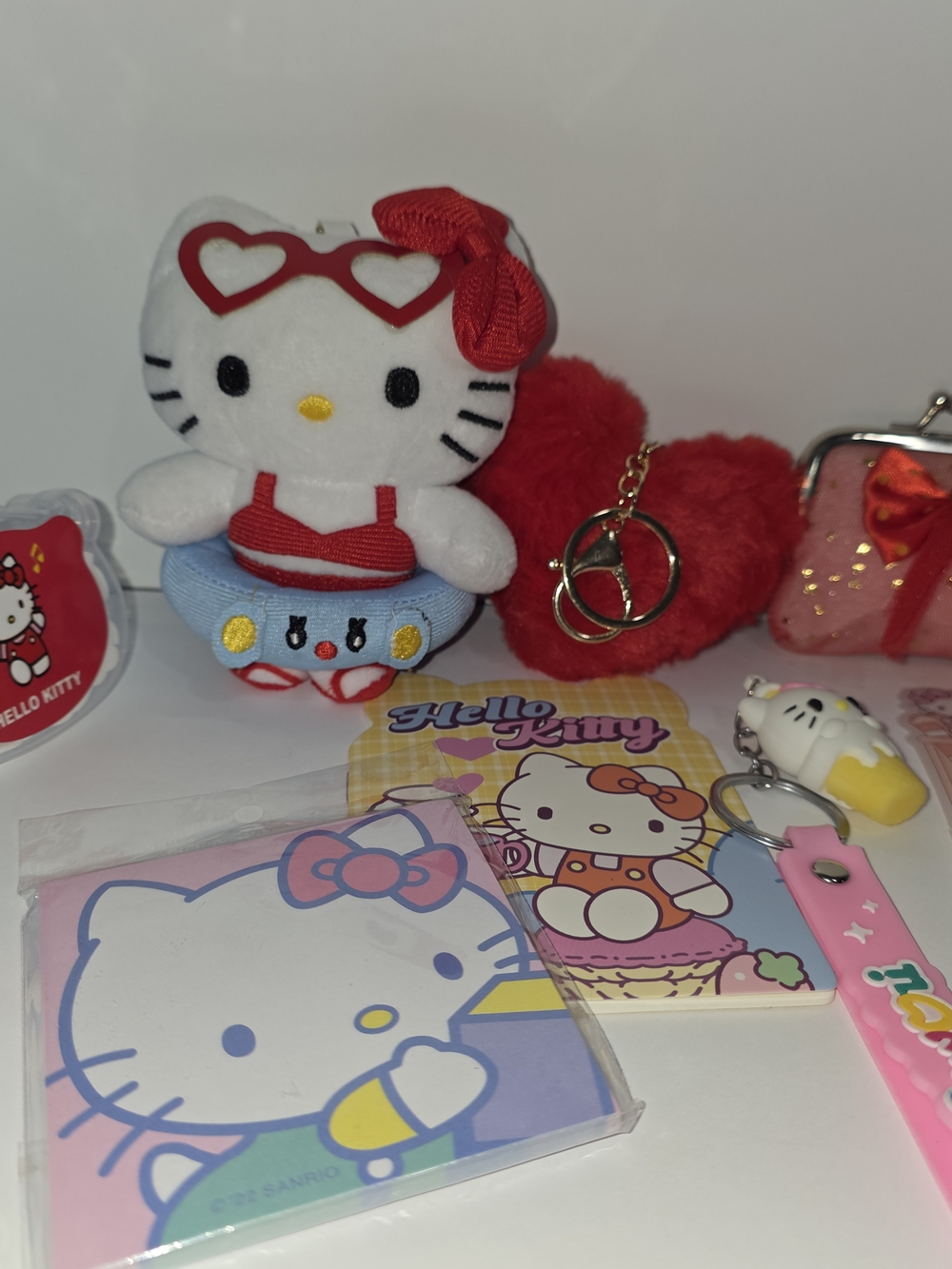 Hello Kitty Bundle Plush Keychain with Red Heart Pom and Pink Accessories